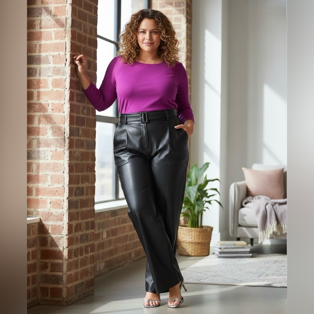 LOFT Black Wide-Leg Belted Pants Faux Leather NWT